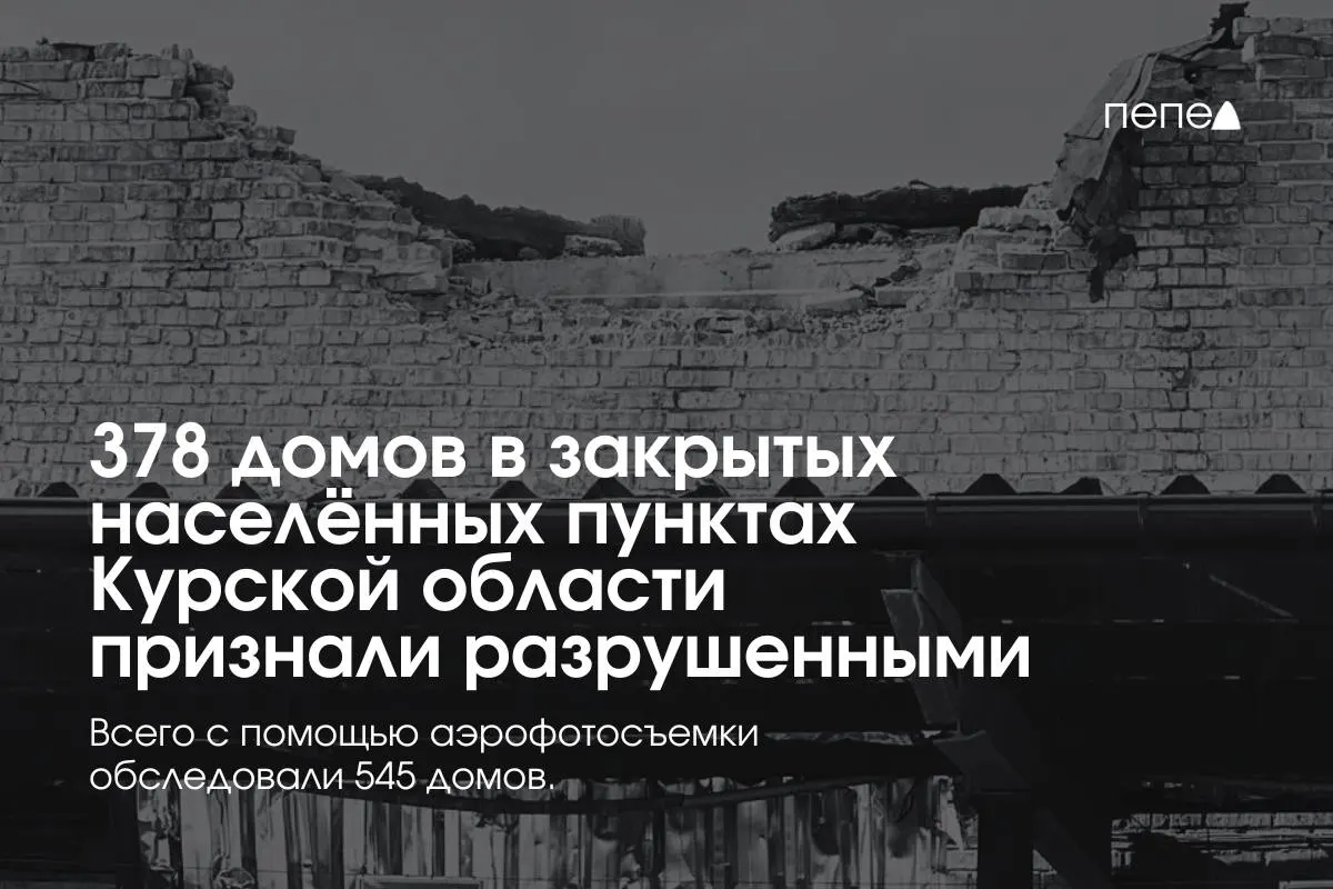 Аэрофотосъёмка показала, что из 545 обследованных домов в 49 закрытых населённых пунктах 378 признаны не подлежащими восстановлению — разрушённые здания зафиксированы в нескольких районах Курской области.