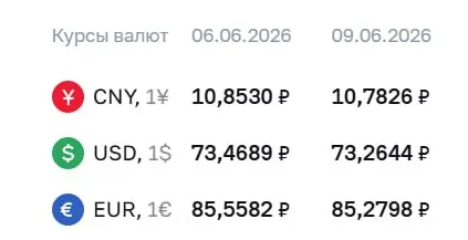 Официальный курс Центробанка на 9 июня: доллар — 73,26 ₽, евро — 85,28 ₽; юань — 10,78 ₽. По этим курсам проводятся расчеты по ряду финансовых инструментов.