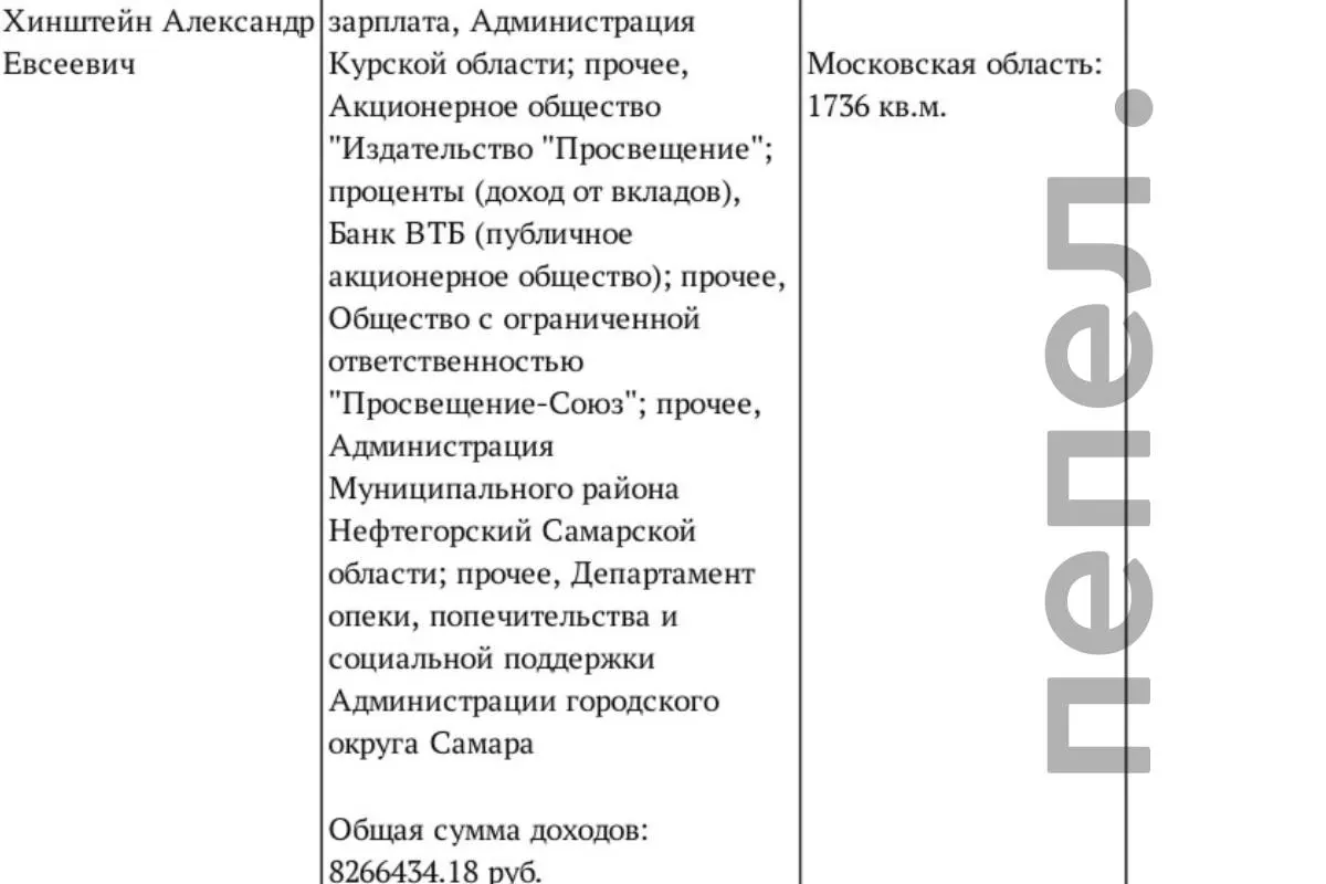 В декларации за 2025 год Хинштейн указал 8,27 млн рублей — значительно меньше, чем годом ранее. В числе активов — крупные вклады, загородная недвижимость и снегоход.