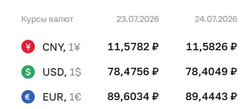 Официальный курс на 24 июля: доллар — 78,40 ₽, евро — 89,44 ₽, юань — 11,58 ₽. По курсу Центробанка проходят расчёты для ряда финансовых инструментов.