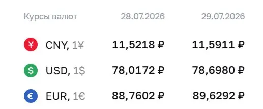 Официальный курс ЦБ на 29 июля: доллар — 78,7 ₽, евро — 89,63 ₽, юань — 11,59 ₽. Доллар достиг максимума с 8 апреля.