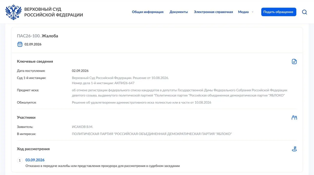 ВС отказался передать жалобу партии на рассмотрение в Президиум суда; партия намерена обратиться в Конституционный суд Российской Федерации.